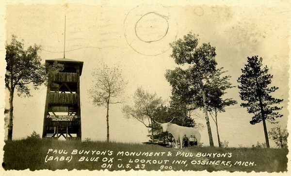 Paul Bunyan Lookout (Paul Bunyan & Babe The Blue Ox) - Old Postcard View (newer photo)